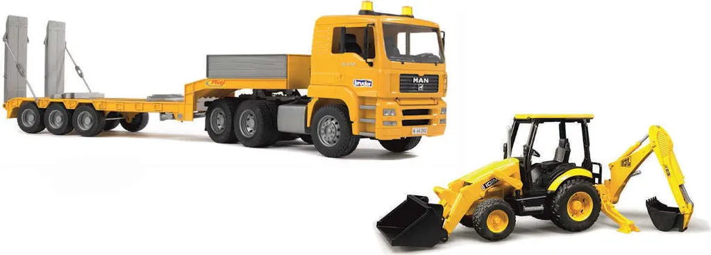 Bruder Spielzeug Tieflader mit Baggerlader, MAN TGA LKW und JCB MIDI CX