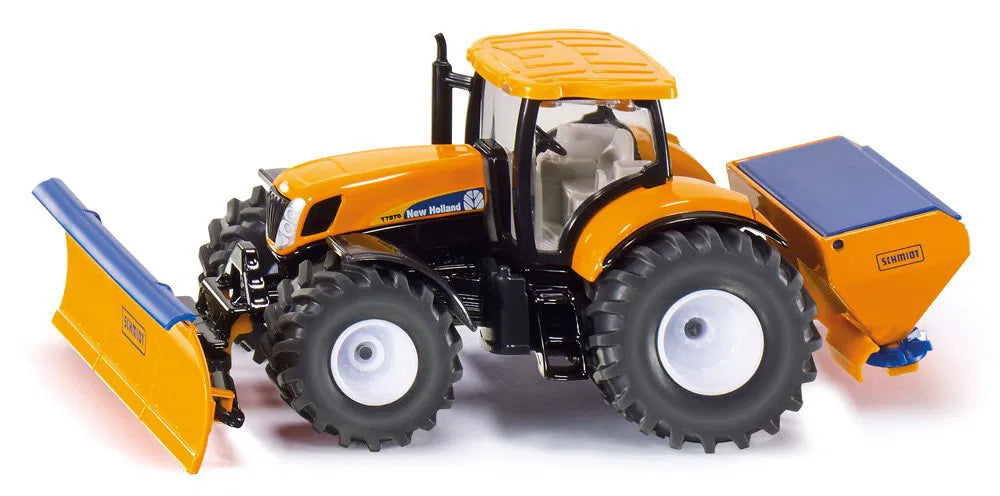 New Holland Traktor mit Räumschild und Streuer