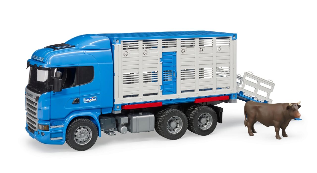 BRUDER 03549 Scania R-Serie Tiertransport-LKW mit 1 Rind
