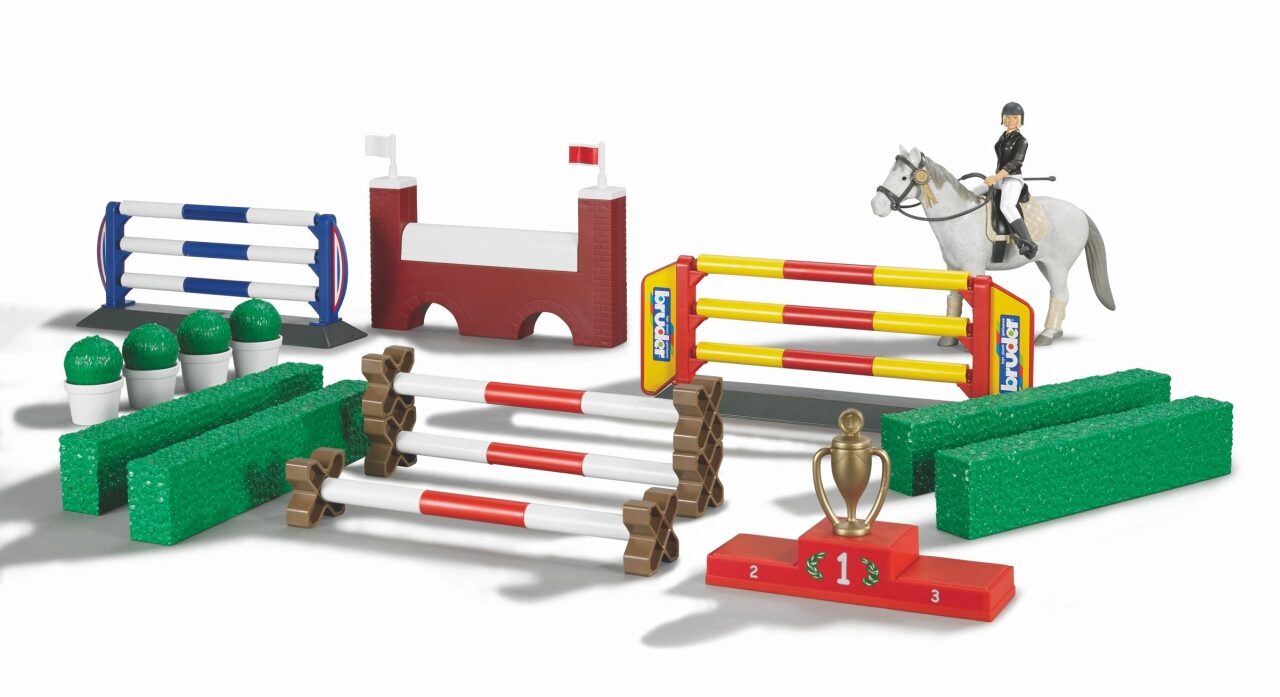 Großer Pferde-Springparcours mit Reiterin, Pferd und Zubehör